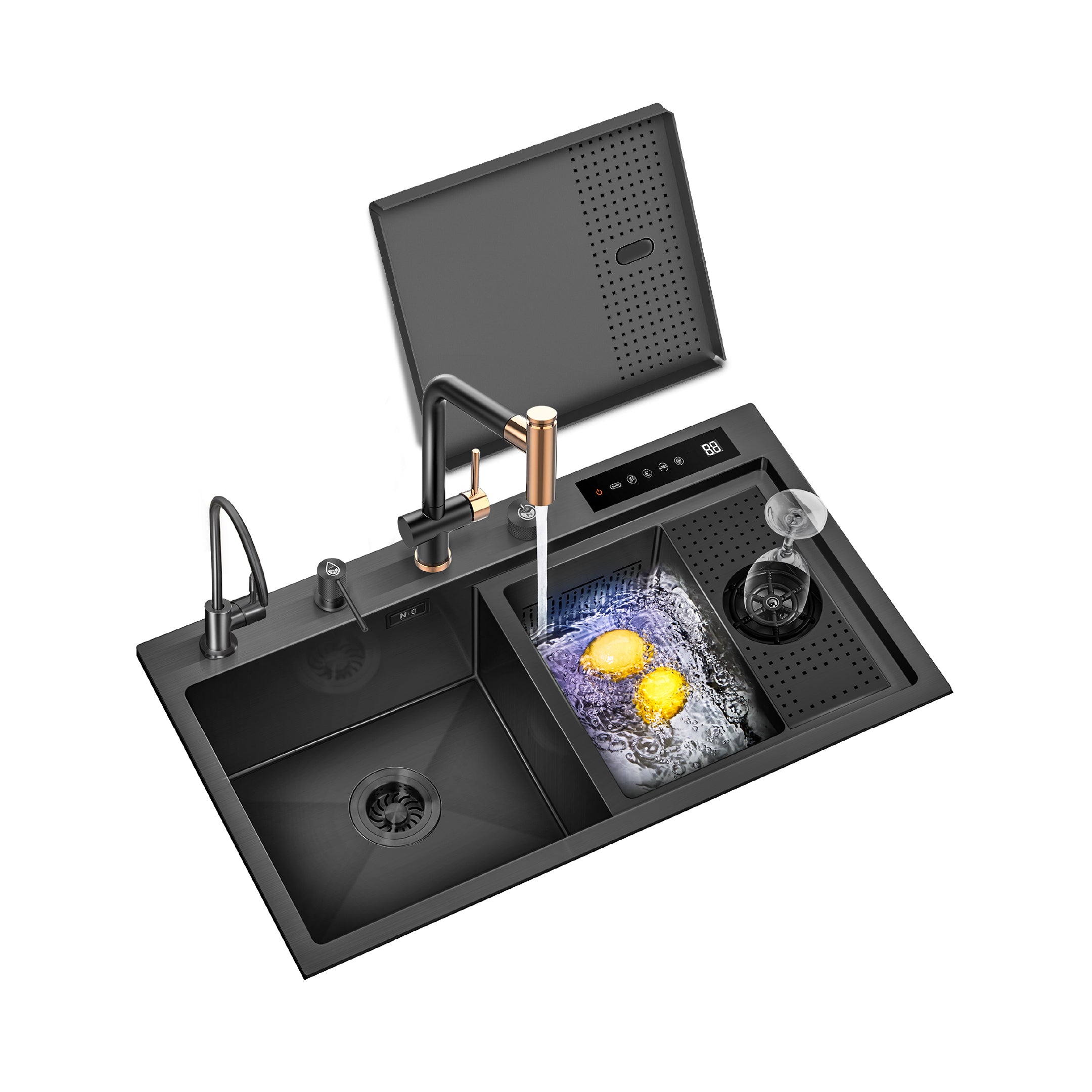 Lavadero Inteligente Bioshield C/Funcion Hydro Purificacion Nano Black De Acero Inox.304 C/Mezcladora 82x46x22cm - Fratelli Signature